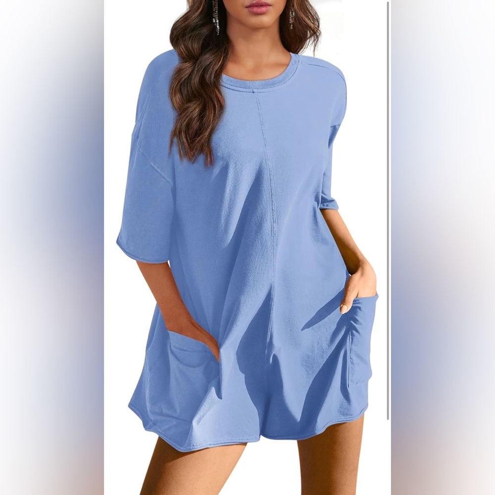 Women's Athletic Oversized Romper Short Sleeve with Pockets, Light Blue - NWT